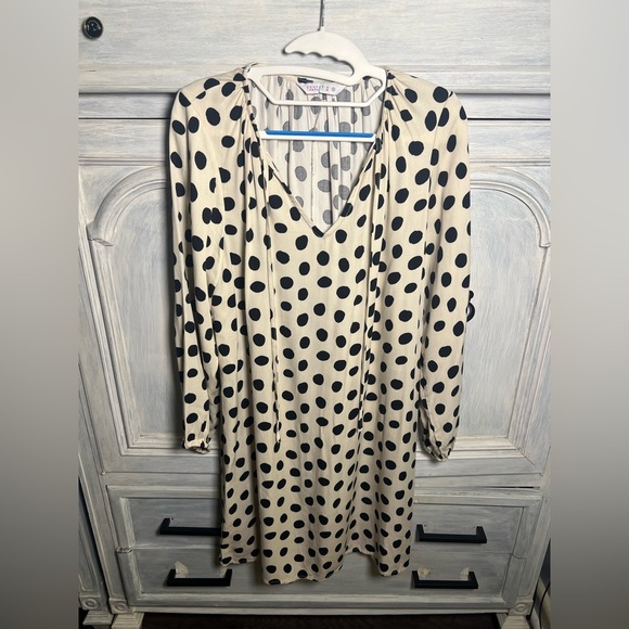 Boutique Fantastica Cream Serval Print Polka Dot Tie Neck Swing Mini Dress - Picture 4 of 9